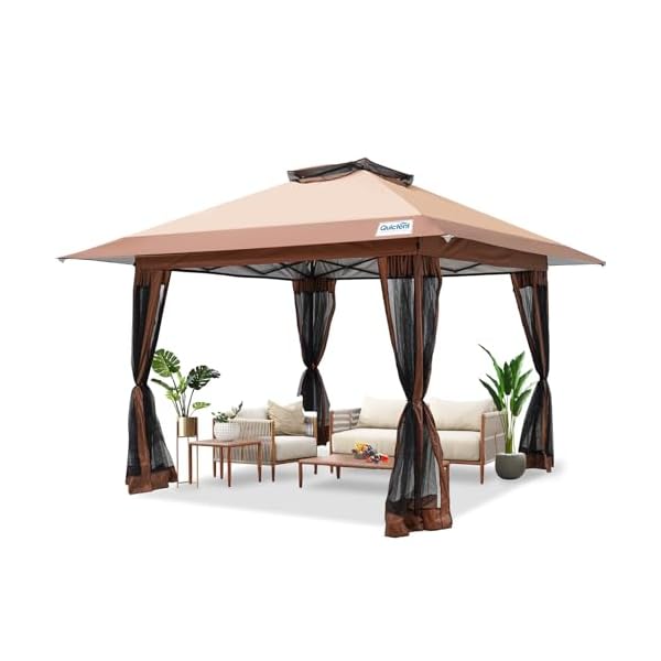 Quictent 13’x13′ Pop up Gazebo Canopy Tent, One Person Set up Portable Instant Folding Shelter, Outdoor Canopy Tent with Extra Shade for Backyard, Patio, Party – Khaki