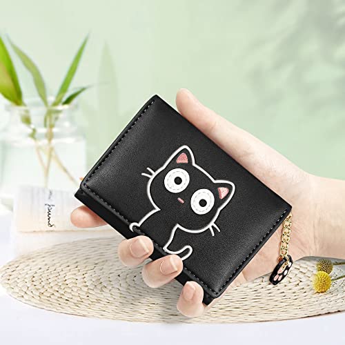 Cute Wallets for Teen Girls, Aesthetic Coquette Trifold Womens Small Wallet with Card Holder ID Window (3D Cat Pattern Black)3