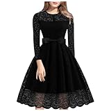 Modefest Kleider Damenkleid Spitze R Schnitt Hohl Langärmelig Gürtel Taille Swing-Kleid Damen Dress Neck Hollow Long Sleeved Waist Waist Wrap Dress Kleider Übergröße Damen (Black, XL)