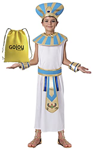 Gojoy shop- Disfraz de Egipcio para Niño Carnaval (Contiene Sombrero, Vestido, Brazaletes, Cinturón, Collar, y Mochila de Cuerdas. 4 Tallas Diferentes) (10-12 años)