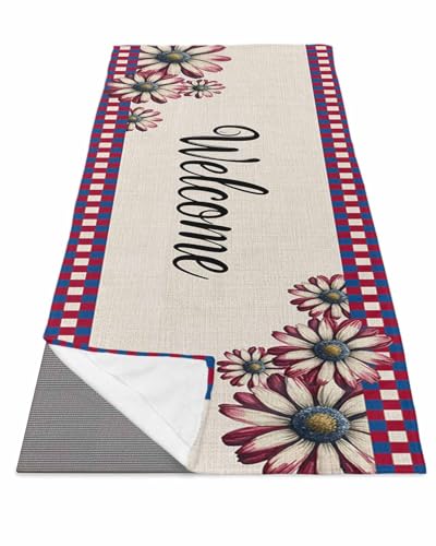 BOSIJOY Yoga Mat Towel,Watercolor Daisy Red Blue Plaid Non Slip Sweat Absorbent Hot Yoga Towels with Corner Pockets,Independence Day Flower on Flax Soft Microfiber Towel for Pilates Bikram 70