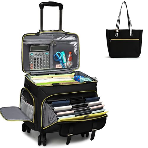 RUCYEN Rolling Teacher Tote Bag for Women Men,Large Laptop Bag With Detachable Wheels Trolley,15.6 Inch Laptop Wheeled Teacher Bag for Work Office Nursing(With a Tote Bag)