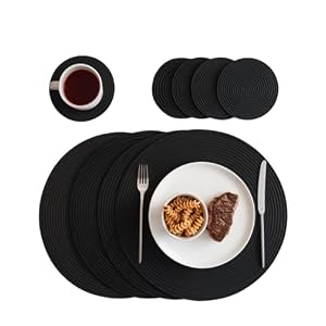 Place Mats for Table, Placemats and Coasters Set of 4, Round Woven Placemats, Black Round Table Mats and Coasters, Washable Kitchen Tables Place, Kitchen Essentials for New Home