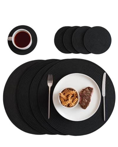 Place Mats for Table, Placemats and Coasters Set of 4, Round Woven Placemats, Black Round Table Mats and Coasters, Washable Kitchen Tables Place, Kitchen Essentials for New Home