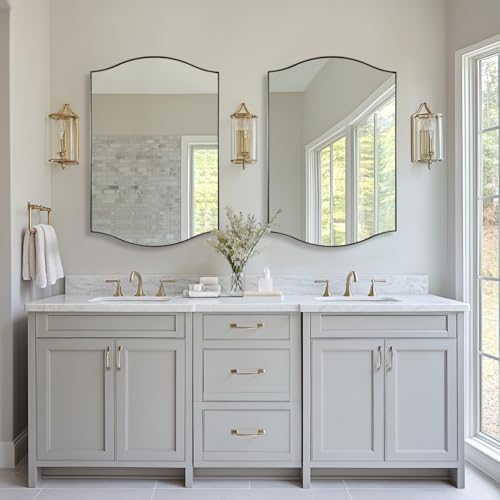 Image of ANDY STAR Brushed Nickel Mirror, 24 inchx36 inch Silver Scalloped Wall Mirror for Bathroom, Curved Edge Design with SUS304 Stainless Steel Metal Frame, Ideal for Bathroom, Bedroom, Entryway
