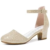 LAURMOSA Gold Shoes for Girls High Heels Pumps Closed Toe Heels Flower Girl Dress Shoes for Birthday Party Chunky Low Heel Ankle Strap for Little Big Kids(L1012Gold 1)