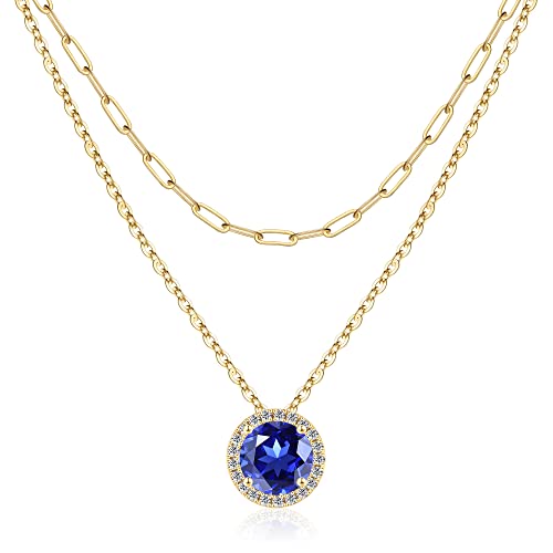 MONOOC Layered Birthstone Necklace for Women, 14K Solid Gold Over Paperclip Chain Necklace Classic Round Pendant Birthstone Necklace Birthstone Jewelry for Women Gifts Birthday Gifts