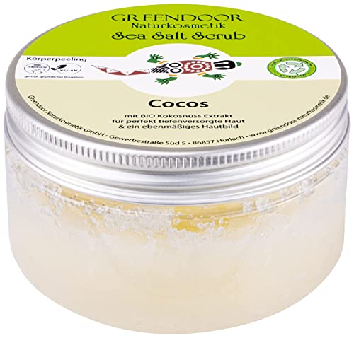 GREENDOOR Körperpeeling Meersalz Cocos, natürliches Salz-Peeling ohne Mikroplastik mit Bio Kokos, 280g Duschpeeling Naturkosmetik, Body Scrub Damen, Körper-Peeling Sauna-Salz Cover