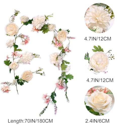 OrgMemory Artificial Peony Garland, 180cm/6FT Length, Fake Rose Vines, Center Flower Decoration, Hanging Silk Flowers for Wedding Decor Home Table Runner Mantle Party Decor (Champagne Peony Garland) by OrgMemory - Image 5