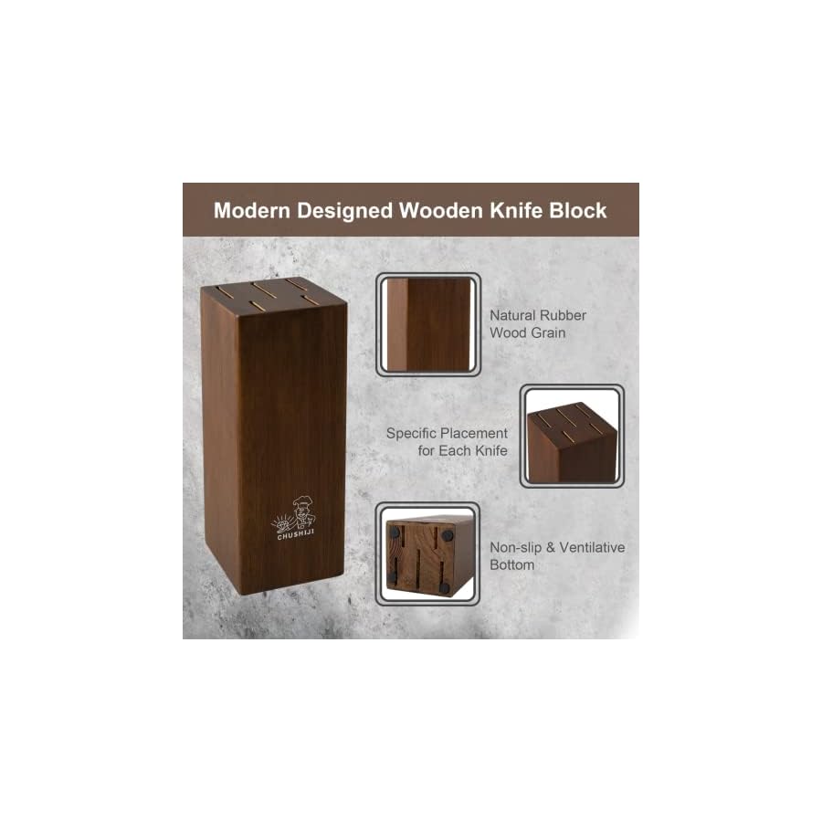 CHUSHIJI Knife Set,7 Pieces Cooking Knife Set,Premium Kitchen Knife Set with Block,Stainless Steel Kitchen Knife with Sharpener, Hardwood Brown Chef Knife Set