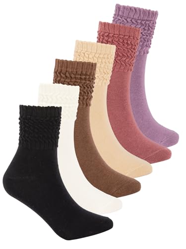 Image of 6 Pairs Women Slouch Socks, Mid Calf Rib Tube Scrunchy Slouchy Crew Socks for Women, Cotton Casual Socks
