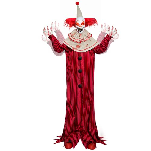 Presence 72' Halloween Decorations Outdoor - Standing Animatronic Clown with Red Light Up Eyes, Motion and Sound Activated Moving Arms and Head, Scary Clown Halloween Yard Patio House Decor