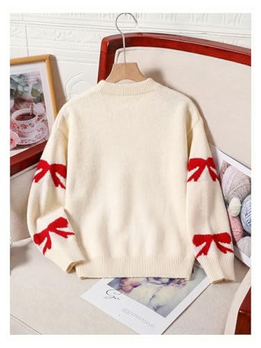 Image of BEAUDRM Girl's Cute Bow Sweater Crew Neck Long Sleeve Drop Shoulder Loose Pullover Tops