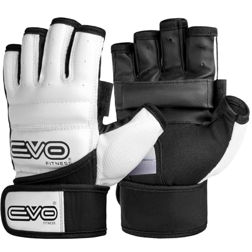 EVO Fitness MMA Gloves Muay Thai Gel Kickboxing Grappling Sparring Training UFC Cage Fighting Mitts Punching Bag Martial Arts Karate (White, S)