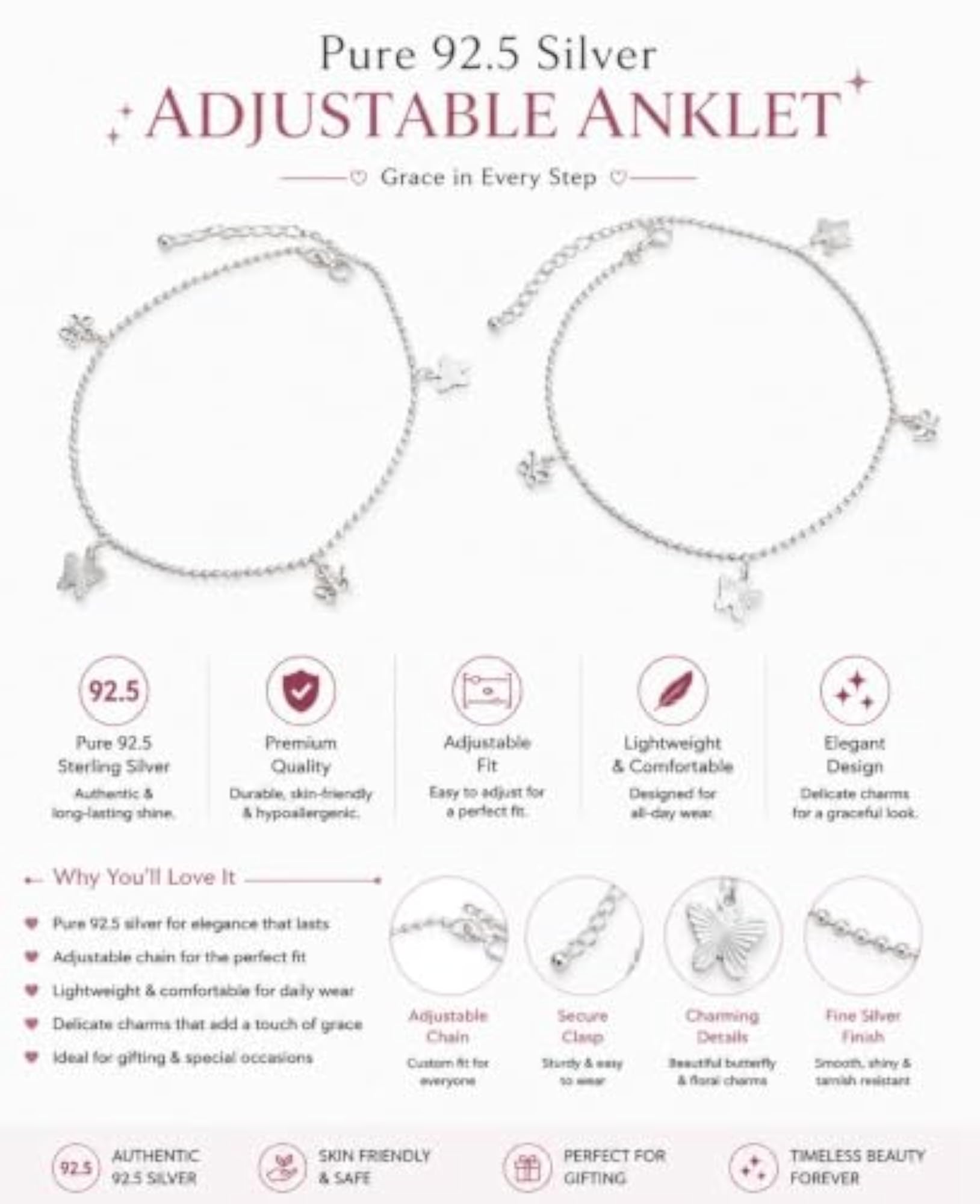 Women's 92.5 Sterling Silver Lightweight Butterfly Charm Anklet