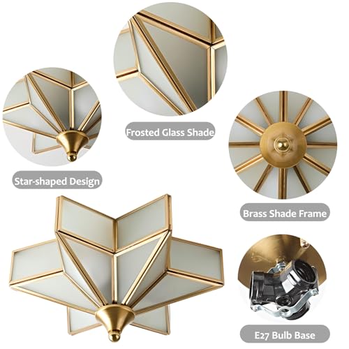 Image of LIGHTLAND 11.8 Inch Flush Mount Star Ceiling Light, 3 Lights Brass Ceiling Lamp with Glass Lampshade, Art Deco Close to Ceiling Light Fixtures for Entryway Hallway Porch, Gold