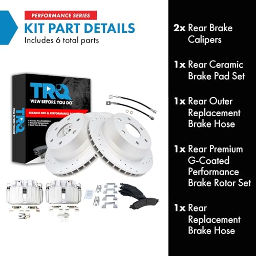 Image of TRQ Performance Rear Brake Pad & Rotor Set Ceramic Drilled Slotted Coated Rotors Calipers Compatible with 02-06 Cadillac Escalade 00-06 Chevrolet Avalanche 1500 Suburban 1500 Tahoe GMC Yukon & XL 1500
