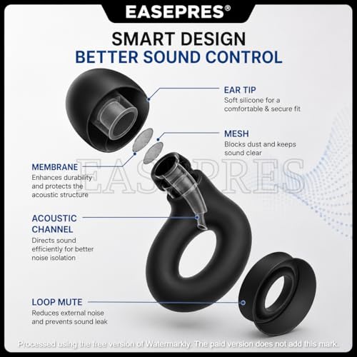 Image of EASEPRES Noise Cancelling Ear Plugs | Soft Silicone Reusable Earplugs with 6 Comfort Tips (S /M /L) | Secure Fit Noise Reduction for Sleeping, Travel, Flight, Work & Snoring - Black