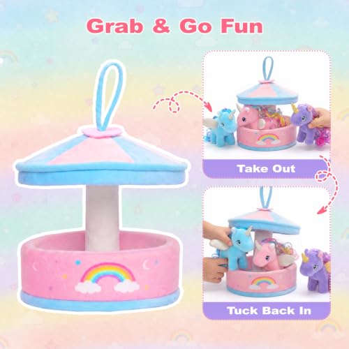Image of OUOZZZ Unicorn Toys for Girls Stuffed Animals 4 Mini Plushies Playset | Carousel House with Handle, Gift-Ready, Travel- Friendly