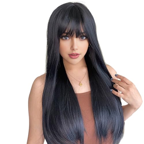 BECUS 24'' Long Black Wig for Women Long Straight Wig with Bangs Glueless Natural Synthetic Hair for Daily Wear Halloween Party Cosplay