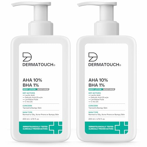 Image of DERMATOUCH AHA 10% BHA 1% Body Lotion For Men and Women | Body lotion For Dry Skin - De-tan, Moisturizing & Bumpy Skin | Suitable For All Skin Types | 200ml (Pack of 2)
