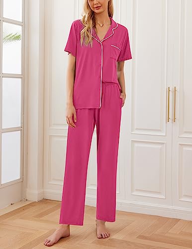 Image of Ekouaer Womens Pajamas Set Short Sleeve Button Down Top & Pants Lounge Pjs | Soft Sleepwear with long pants, ideal for Home relaxation, Wedding, Party, Daily Wear & Breastfeeding