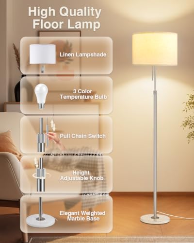 Image of Ambimall Height Adjustable Modern Floor Lamp, Silver & White