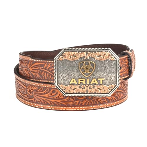 ARIAT Tan Genuine Leather Men's Tapered Belt with Embossed Floral Body A1042208