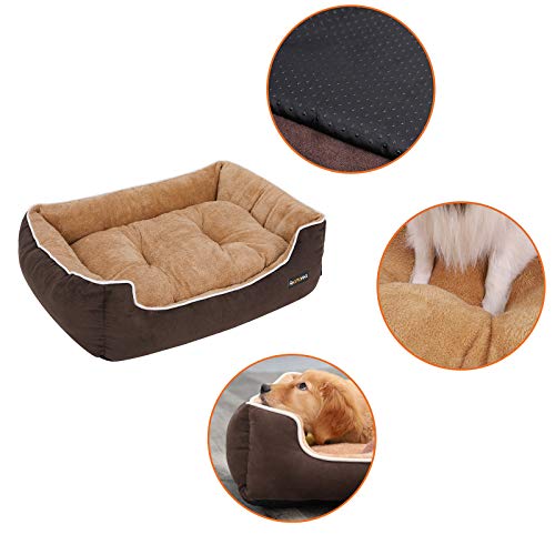 Feandrea Luxus Hundebett, weiches Hundekorb, L, mit abnehmbarem Kissen, 90 x 25 x 75 cm, braun und beige PGW06YC