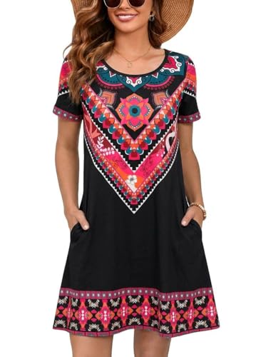 Image of Heymoments Women's Short Sleeve Crewneck Sundress Summer Casual A-Line Beach Dress with Pockets S-2XL