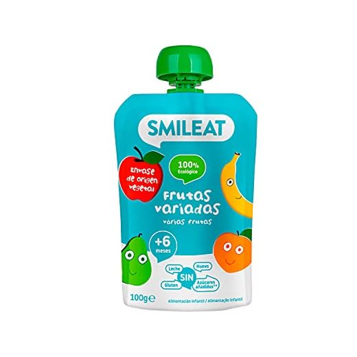 Smileat - Pouch Ecológico para Niños y Niñas de Fruta Variada, Puré Infantil con Ingredientes Naturales Bebibles, Merienda Para Bebés a Partir de los 6 Meses, Sabor Melocotón, Plátano y Manzana - 100g
