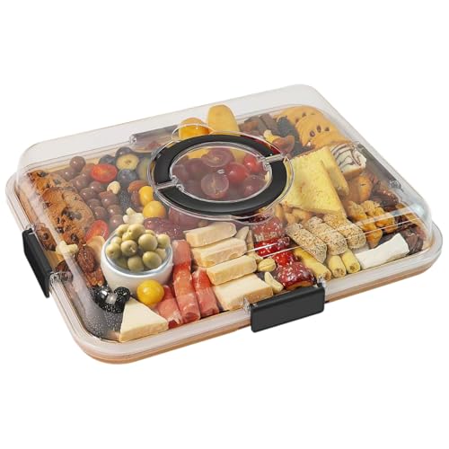 Charcuterie Board with Clear Lid 11.42x14.57 inch Portable Cheese Board with 6 Compartments & Handle Dual-Side Cutting Board & Serving Tray Gift Box for Kitchen Picnic Party-Black