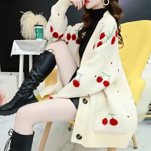 FindThy Women’s Fuzzy Cherry Knitted Cardigan Long Sleeve Button Up Kawaii Cardigans Tops3
