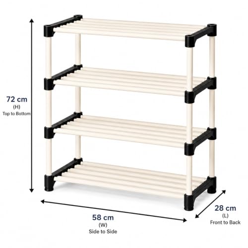 Image of GOLABROS 4 Tier Shoe Rack | Durable Plastic & Metal Shoe Stand | Multipurpose Footwear Storage Organizer | Space Saving Rack for Home, Bedroom & Entryway | Black