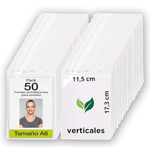 50 porte badges transparentes verticales en plastique recyclé pour cartes d'accréditation A6, pochettes transparentes verticales porte badge salon, porte...