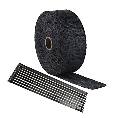 Black 50"x 2" Exhaust Heat Wrap Roll Car Titanium Exhaust Heat Ties Wrap Roll Tape for Motorcycle Exhaust Heat Wrap Roll (with 10 Cable Ties 8”）