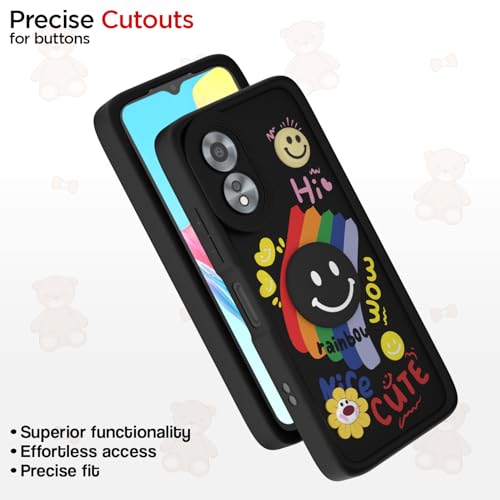 Image of Pikkme Back Cover for Oppo A38 4G / Oppo A18 4G | Soft Silicone| Cute Rainbow Smile & 3D Cartoon Flower Design | Shockproof Raised Camera Protection Bumper Case (Black)