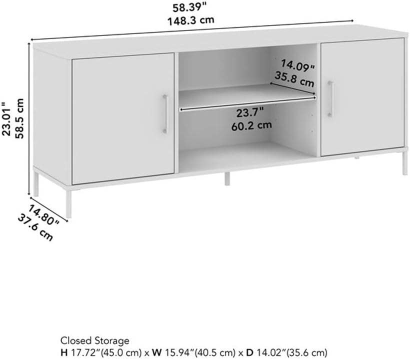 Pemberly Row 58W TV Stand, Natural Elm Finish, Engineered Wood, Supports TVs up to 70 in or 70 lbs, Adjustable and Fixed Shelves, Self-Closing Doors, Wire Management, Modern Living Room Storage