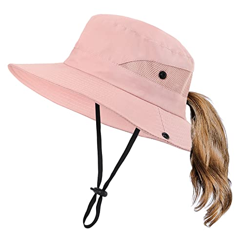 Kids Girls Sun Hat With Ponytail Hole Wide Brim Uv Protection Bucket Hat Foldable Summer Beach Fishing Hats For Girls Pure Pink 5-12 Years #TOP18