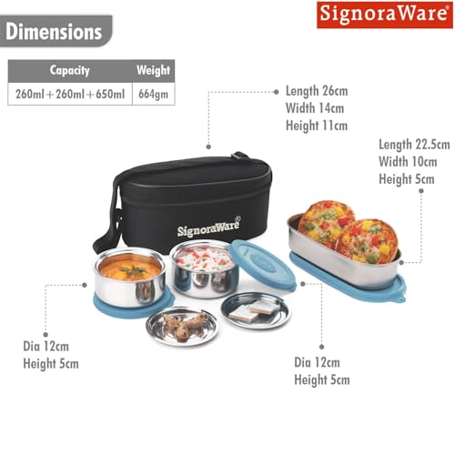 Image of Signoraware Double Decker Stainless Steel Lunch Box | Airtight & Leakproof | Ideal for Office & School Meals | Great for Travelling & Outdoors (260ml + 260ml + 650ml | EBlue)