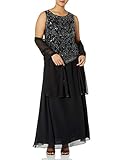 J Kara Women's Plus Size Beaded Gown with Scarf, Black/Mercury/Gun, 22W