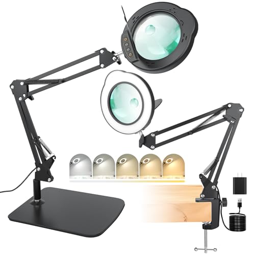 15X 30X Magnifying Glass with Light and Stand LED Desk Lamp with Base and Clamp 5 Color Mode 10 Dimmable Levels Hands-Free Magnifying Glasses for Reading Close Work Crafts Jewelry