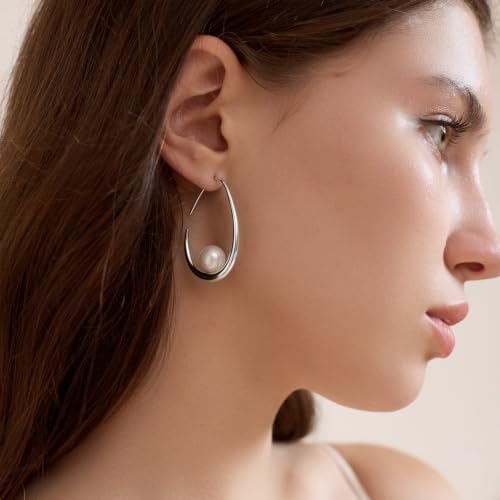 Image of Lightweight Teardrop Hoop Earrings for Women - 14k Gold /White Gold Plated Large Oval Pull Through Hoop Earrings High Polished Statement Jewelry Gift for Women