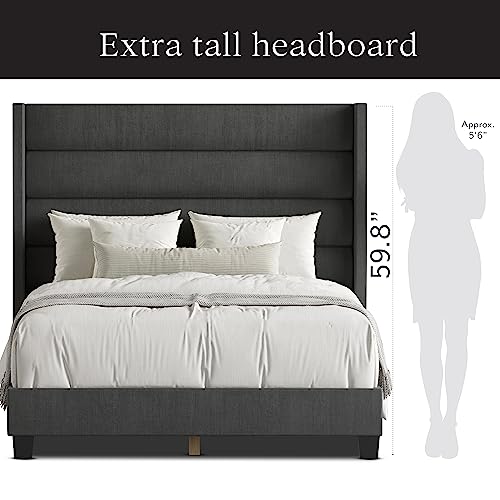 Dg Casa George Upholstered Panel Bed Frame With Tall Tufted Horizontal Channel Wingback Headboard, Queen Size In Charcoal Fabric #TOP1