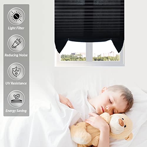 TFSKY 3 Pack Cordless Pleated Light Filtering Fabric Shade for Windows No Tools Trim-at-Home Temporary Blinds with Adhesive Black,48"x72"