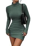 HBQ Women's Casual Sweater Dress Turtleneck Ribbed Bodycon Long Sleeve Mini Knit Dresses 2025 Fashion-Green-S