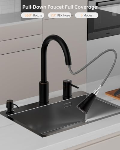 DAYONE Kitchen Faucet 3 Holes with Pull Down Sprayer Oil Rubbed Bronze, 3 Pieces Pull-Out Faucet for Kitchen Sink with Side Separate Handle & Soap Dispenser, 2 Holes, DAY-CR275