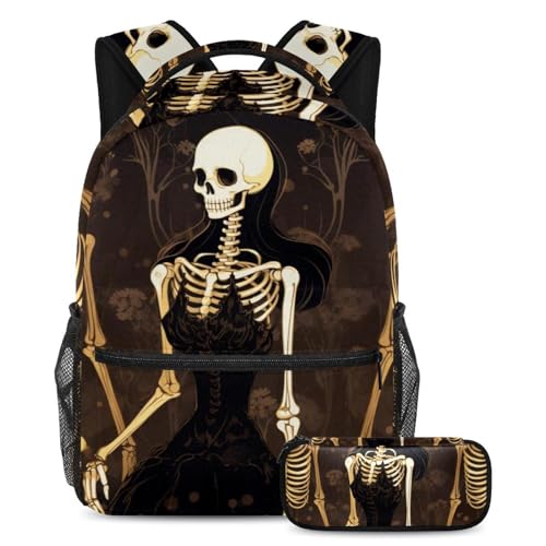 Cartables de grande capacité lot de 2 sac à dos robuste avec trousse crâne gothique chic