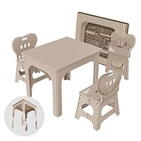 UNICOO® Kids Foldable & Height Adjustable Table Set w/2 Folding Chairs, Compact, Collapsible & Portable, Toddler Activity, Picnic Table, Card Table, Indoor/Outdoor (699) (Khaki)