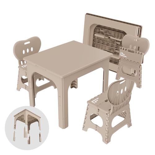 Image of UNICOO® Kids Foldable & Height Adjustable Table Set w/2 Folding Chairs, Compact, Collapsible & Portable, Toddler Activity, Picnic Table, Card Table, Indoor/Outdoor (699) (Khaki)